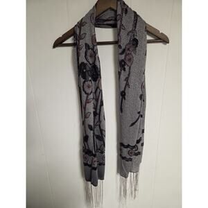Whimsigoth Fairy Gray Sheer Floral Decorative Scarf With Fringe
